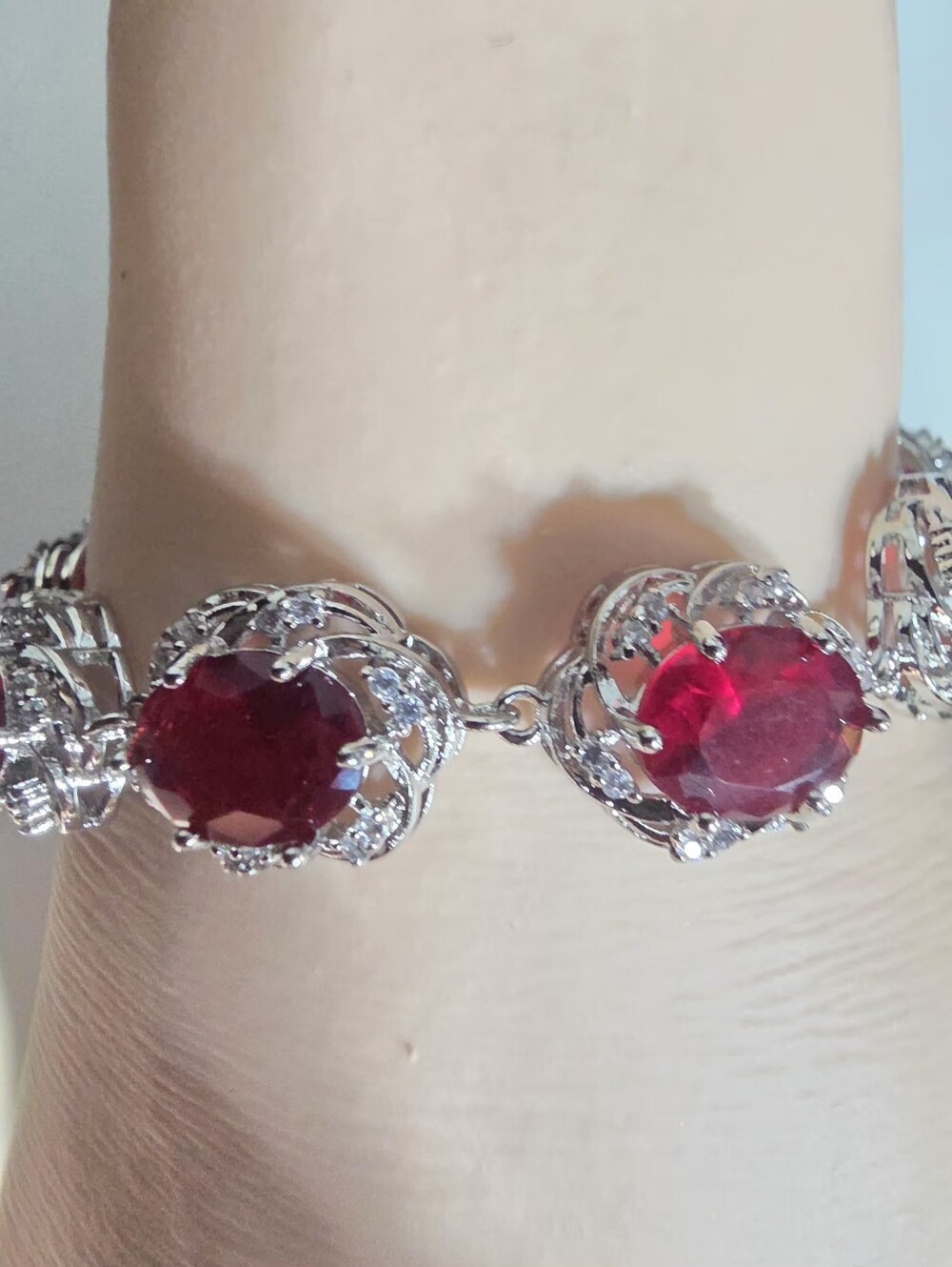 S925 Sterling Silver Red Gemstone Statement Bracelet